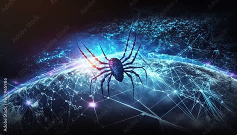 Cyber microchip spider networked on a digital data spider web mesh ...