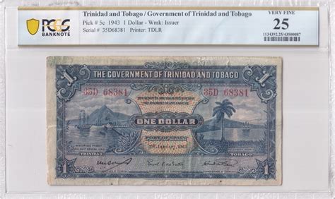 Pick 5c 1943 1 Dollar Government Of Trinidad And Tobago Tdlr Wmk Issuer Pcgs Notefacts