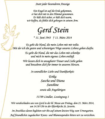 Traueranzeigen Von Gerd Stein Wirtrauern