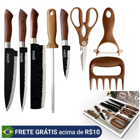 Kit Jogo Facas 8 peças Inox Churrasco Cozinha Garra e Amolador