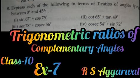 Trigonometric Ratios Of Complementary Angles R S Aggarwal Class