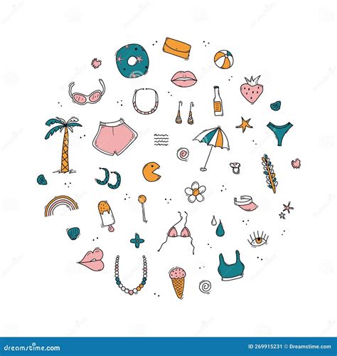 Doodle Set Of Travel Summer Vacation Elements Bikini Shorts Lips Palm Lollipop Umbrella