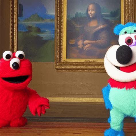 Cooki Monster And Elmo In The Luve Looking At The Mona Lisa · Creative Fabrica