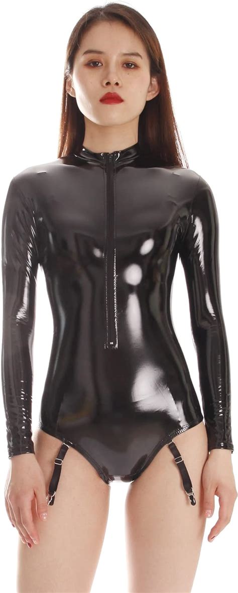 Ftshist Womens Shiny Leather Long Sleeve Stretchy Bodysuit At Amazon