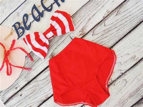 High Waisted Bow Bikini In Red Vintage Bottoms Stripe Bow Bandeau Top