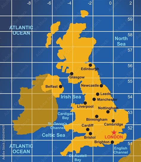 United Kingdom Infographic Diagram With All Surrounding Oceans Seas