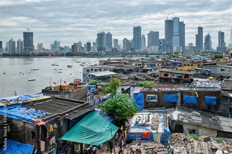 View of Mumbai skyline with skyscrapers over slums in Bandra suburb ...