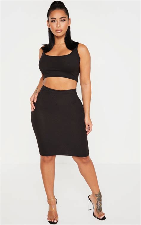 Shape Black Ribbed Basic Midi Skirt Curve Prettylittlething