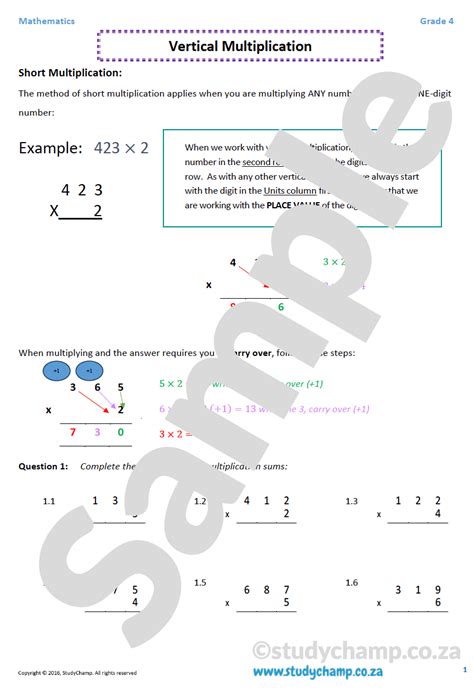 Grade 4 Mathematics Worksheet Vertical Multiplication