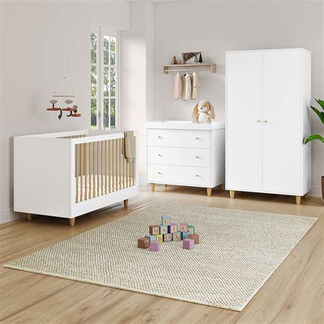 White And Wood Nursery Furniture 3 Piece Set Including Cot Bed Changing