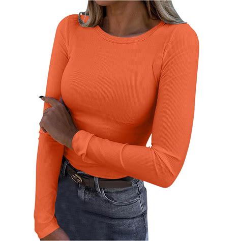 Fznquz Slim Fit Womens Tops Long Sleeve Orange Shirts Casual Ribbed