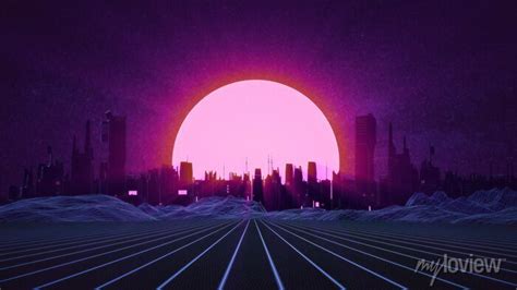 Retro City Skyline Neon Glowing Sun And Starry Sky Synthwave Posters