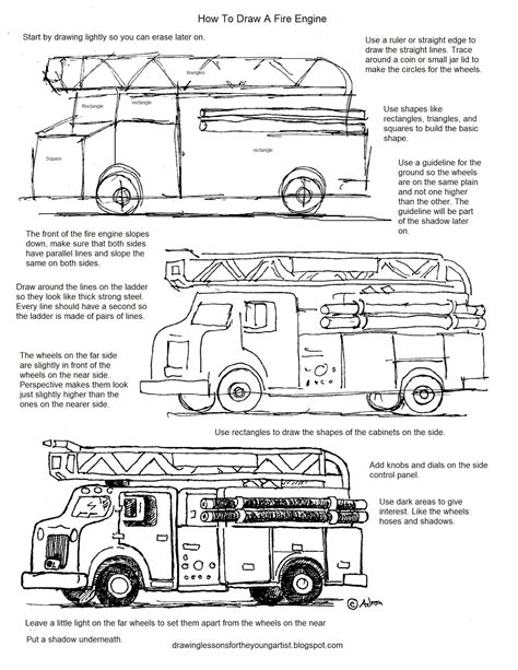 How to Draw Worksheets for The Young Artist: How To Draw A Fire Engine ...