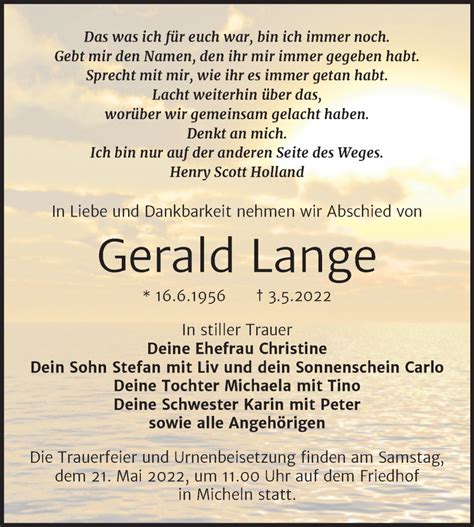 Traueranzeigen Von Gerald Lange Abschied Nehmen De