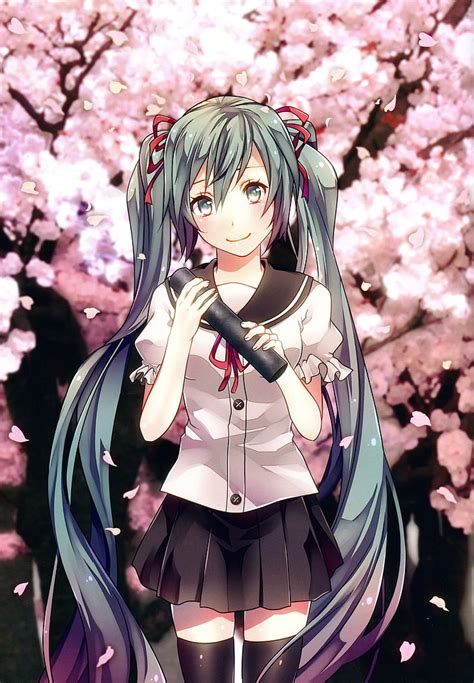 ボーカロイド、 初音ミク、 長い髪、 リボン、 桜、 花びら、 ツインテール、 制服、 スカート、 太もも、 アニメの女の子、 アニメ、 Hd