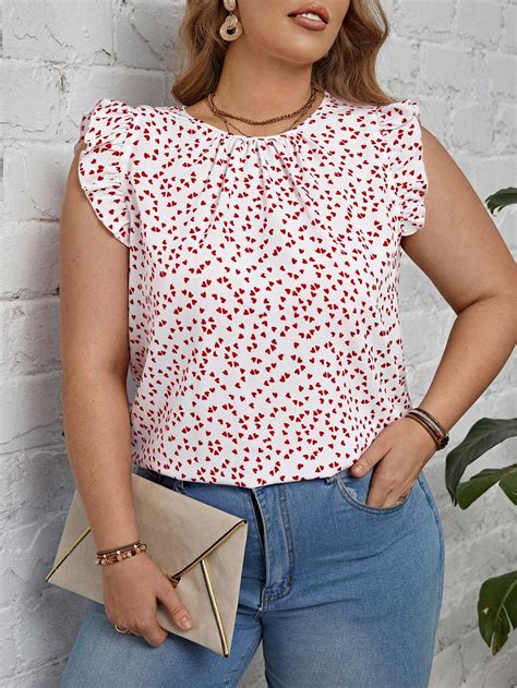 Emery Rose Plus Heart Print Ruffle Trim Blouse