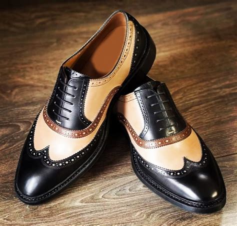 Handmade Beige Black Color Leather Dress Shoes Men S Wing Tip Lace Up Shoes Dress Formal