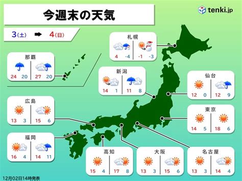 週末の天気 3日土は今季一番の冷え込み 冬日続出 4日日は北日本で雪気象予報士 青山 亜紀子 2022年12月02日 日本気象