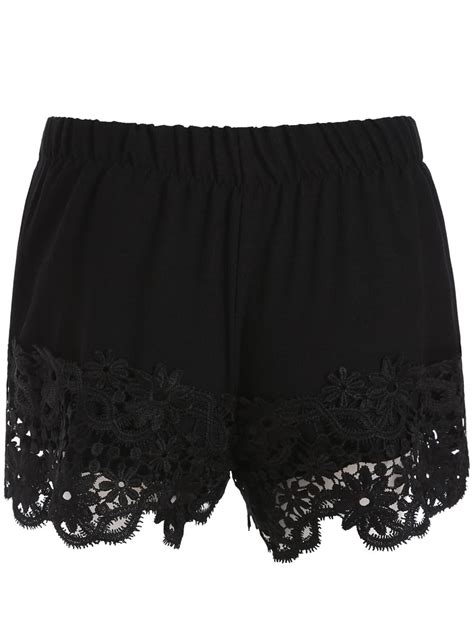 Elastic Waist Lace Black Shortsfor Women Romwe