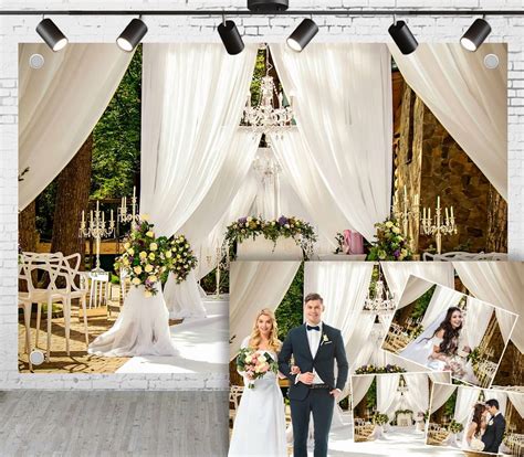 6x4ft White Gauze Wedding Backdrop，White Gauze Crystal Lamps Floral