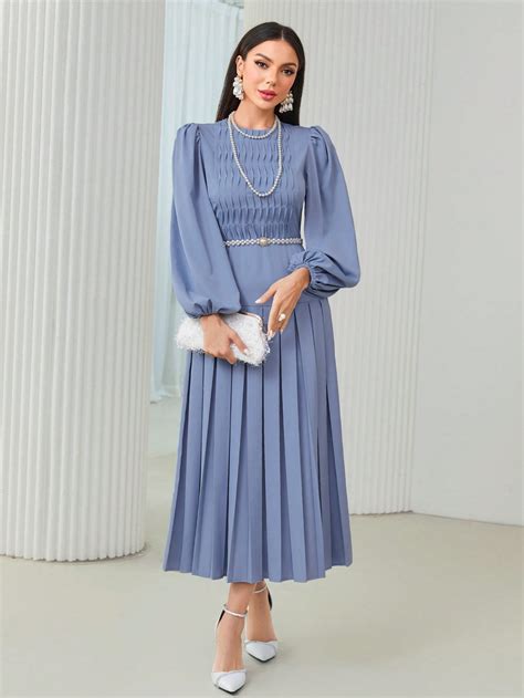 Shein Modely Lantern Sleeve Pleated Hem Dress Without Belt Shein Usa