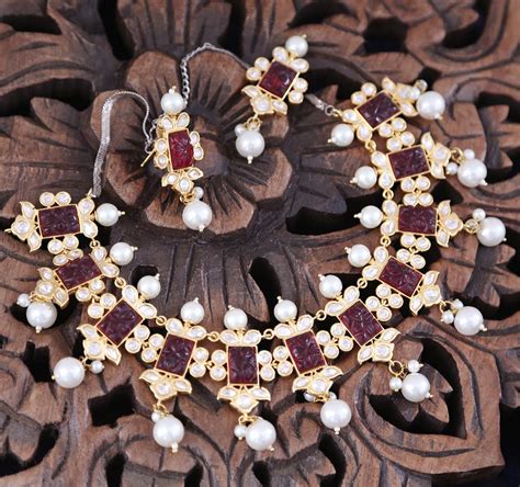 Gold Plated Synthetic Ruby Hand Carved Kundan Stones And Pearls Indian