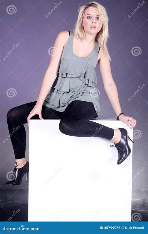 Woman Posing On The Cube Stock Photo Image Of People