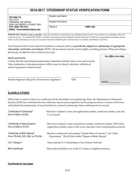 Fillable Online Financialaid Calpoly FCIT13CITIZENSHIP VERIFICATION