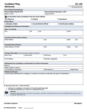 Fillable Online Co Josephine Or Candidate Filing SEL 150 Rev 1 14 ORS