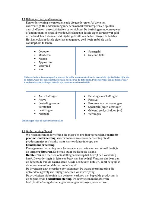 Samenvatting Hoofdstuk 1 6 1 Balans Van Een Onderneming Een Onderneming Is Een Organisatie