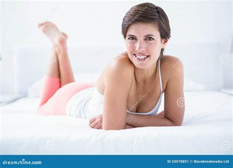 Attractive Brunette Smiling At Camera Stock Image Image Of Casual Nightwear