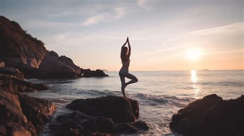 Mujer Haciendo Yoga En Una Roca Al Atardecer Foto Premium