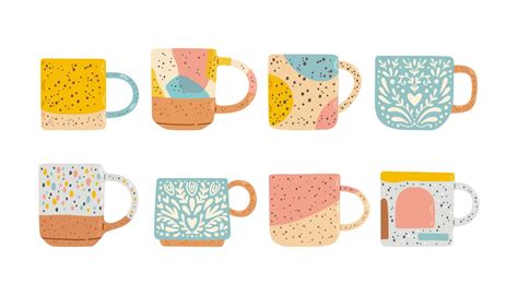 Collection of different modern cups decorated with design elements vector flat illustration ...