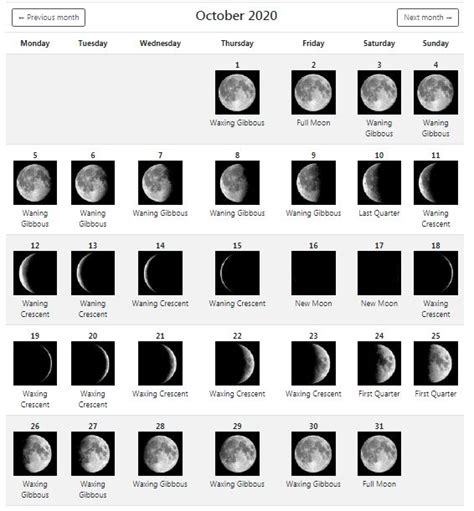 Moon Calendar October 2020 | Moon phase calendar, Moon calendar, Lunar calendar