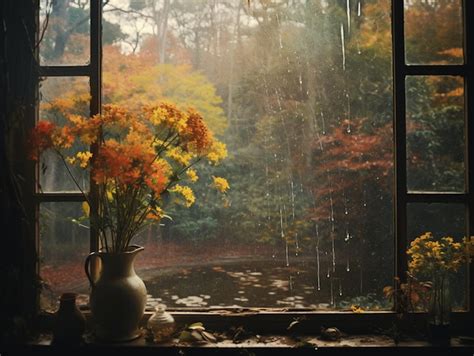 Premium Ai Image Autumn Window View Rain Raining Day Cozy Fall Forest