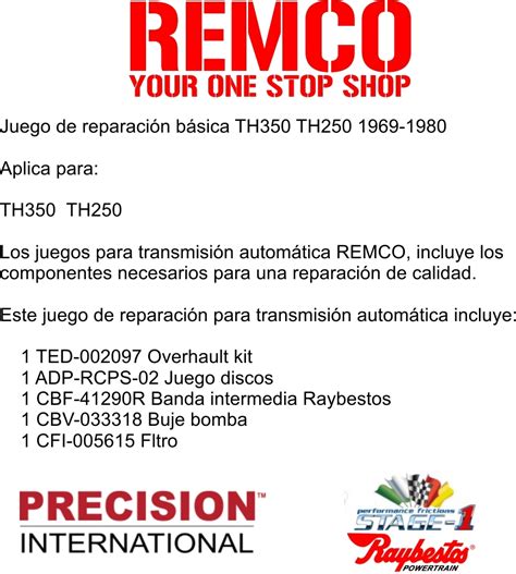 Juego Reparacion Basica TH350 TH250 1969 1980 Stage1 REMCO