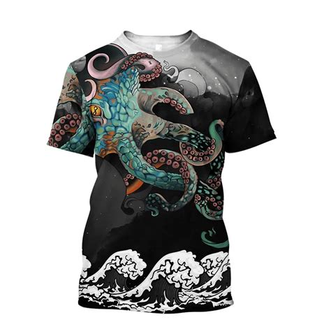 Mens New Summer 3d Printing Hd Printed O Collar Short Sleeve T Shirt Ocean Octopus Art