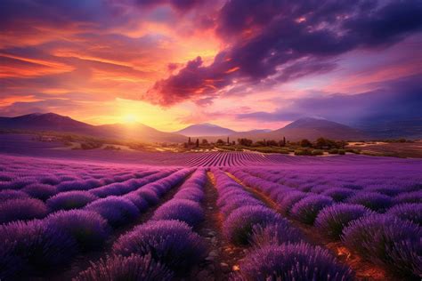 Beautiful sunset over lavender field in Provence, France, Beautiful ...