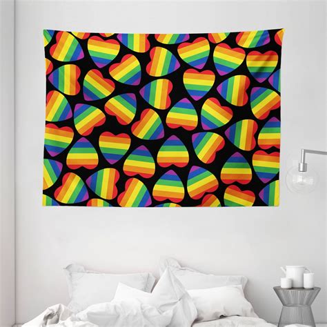 Pride Decorations Tapestry Set Of Colorful Heart Shapes With Gay Parade Flag Inside Black