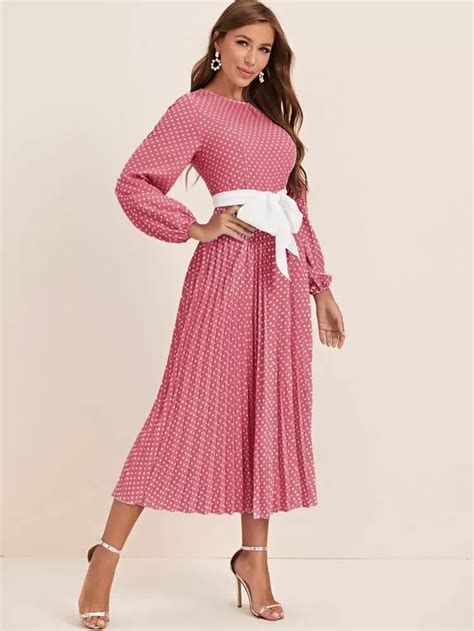 Lantern Sleeve Polka Dot Pleated Dress With Belt Shein Usa In 2021