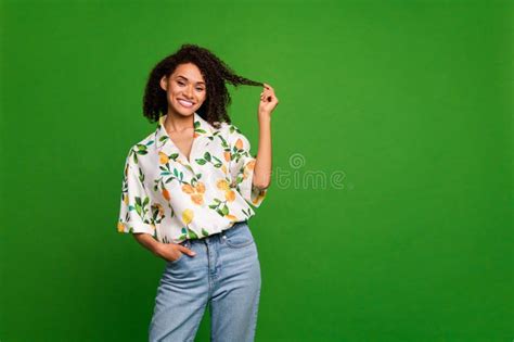 Photo Of Dreamy Flirty Lady Wear Print Shirt Smiling Holding Hair Curl