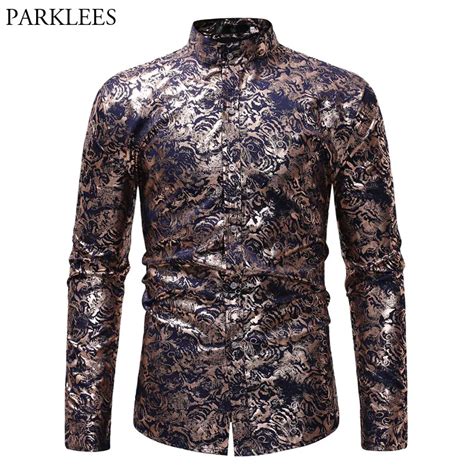 Paisley Floral Print Men S Shirt Geek Metallic Copper Golden Shirt Men