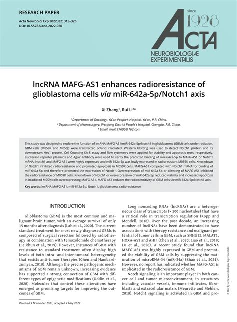 Pdf Lncrna Mafg‑as1 Enhances Radioresistance Of Glioblastoma Cells