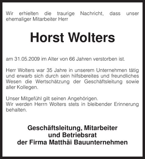 Traueranzeigen Von Horst Wolters Trauer Kreiszeitung De