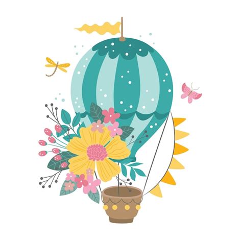 Premium Vector Cute Hot Air Balloon With Beautiful Flowers Garland