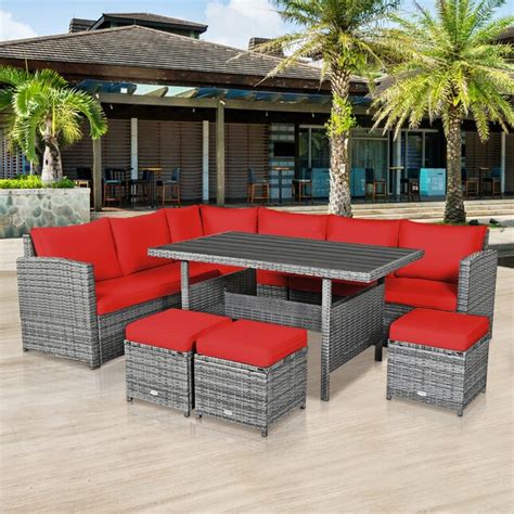 Wellfor 7 Piece Rattan Patio Conversation Set With Red Cushions In The Patio Conversation Sets