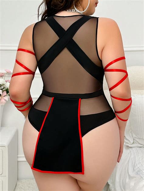 Fantasy Costume Plus Size Women Mesh Contrast Sheer Sexy Lingerie Jumpsuit Shein Usa