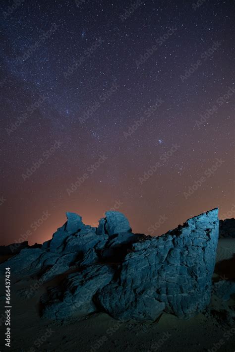 View of the milky way stars under the Sahara desert night sky, Djanet, Algeria, Africa. Stock ...