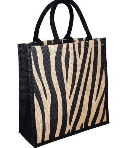 Webbed Handle Black And Brown Zebra Stripes Printed Jute Bag Size