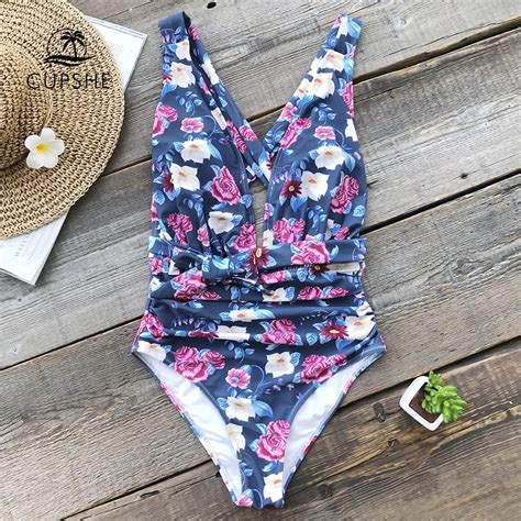 Cupshe Flower Print Shirring One Piece Swimsuit Women Deep V Neck